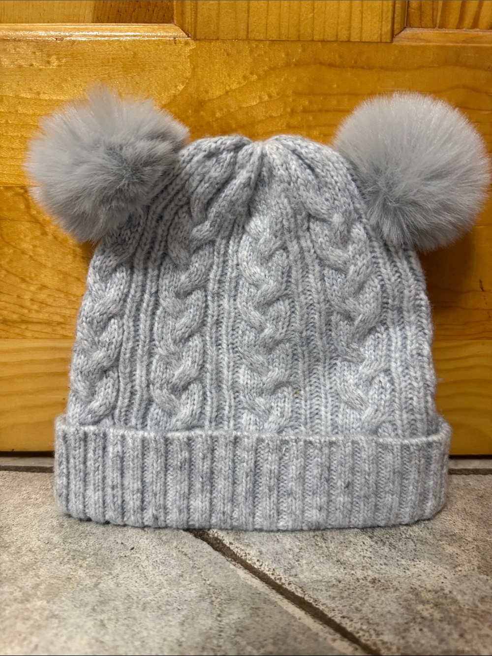 Kids Cable Knit Pom Pom Beanie - Gray